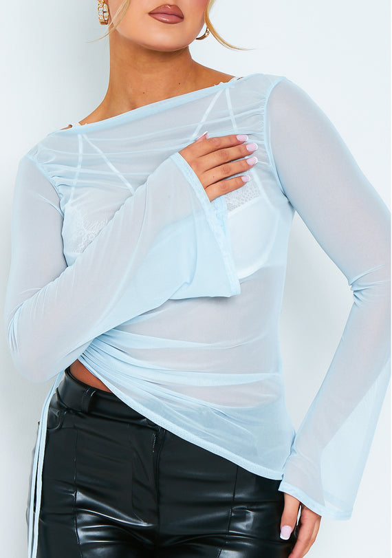 Missyempire Alexa Light Blue Long Sleeve Mesh Top