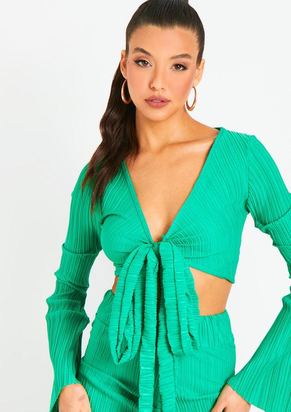 Missyempire Alice Green Plisse Wrap Tie Crop Top