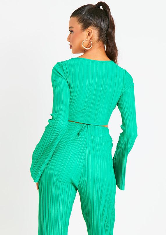 Missyempire Alice Green Plisse Wrap Tie Crop Top