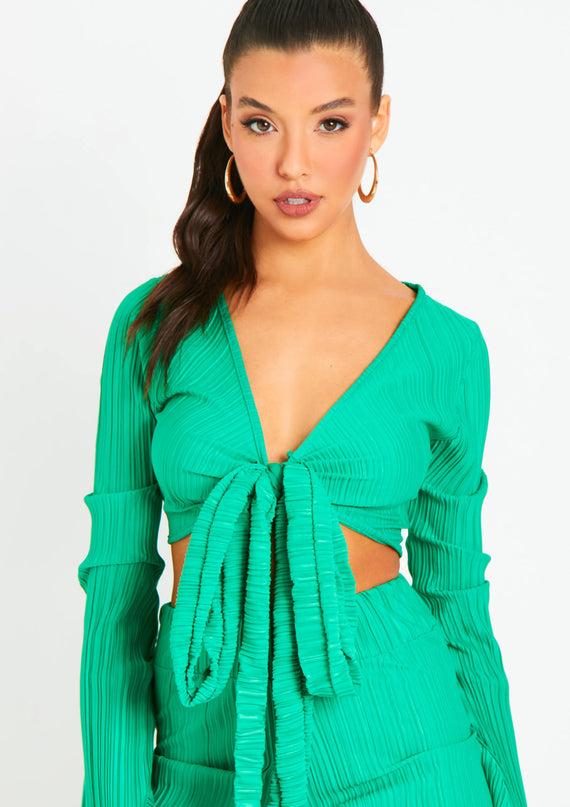 missyempire Alice Green Plisse Wrap Tie Crop Top