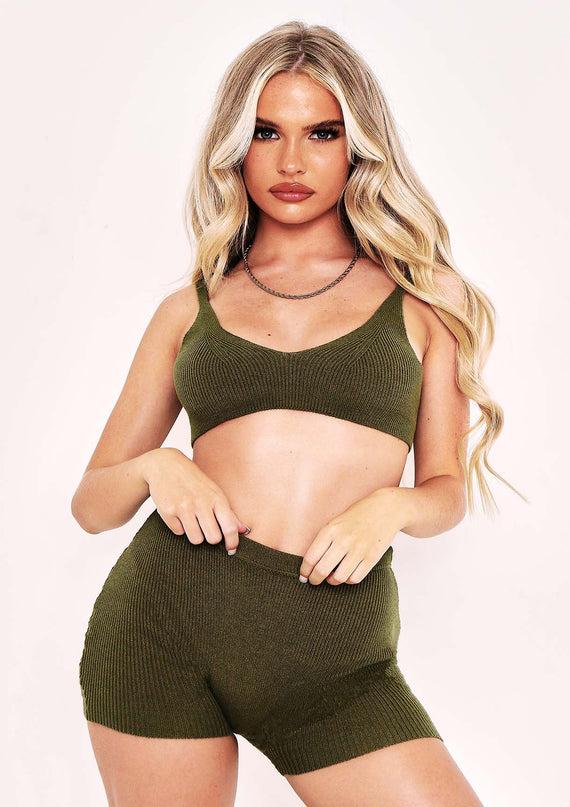 missyempire Arden Olive Knit Ribbed Shorts