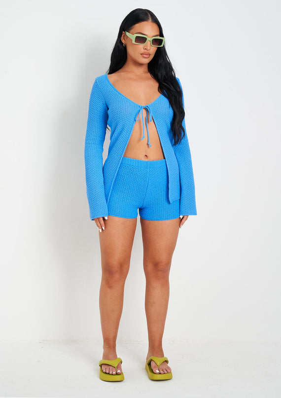 Missyempire Athena Blue Crochet Knit Short
