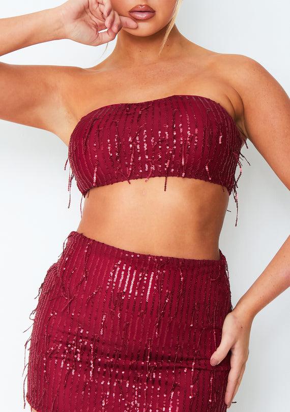Missyempire Athena Wine Tassel Sequin Bandeau Top
