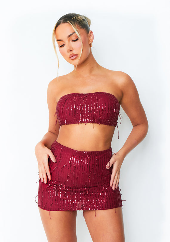 missyempire Athena Wine Tassel Sequin Bandeau Top