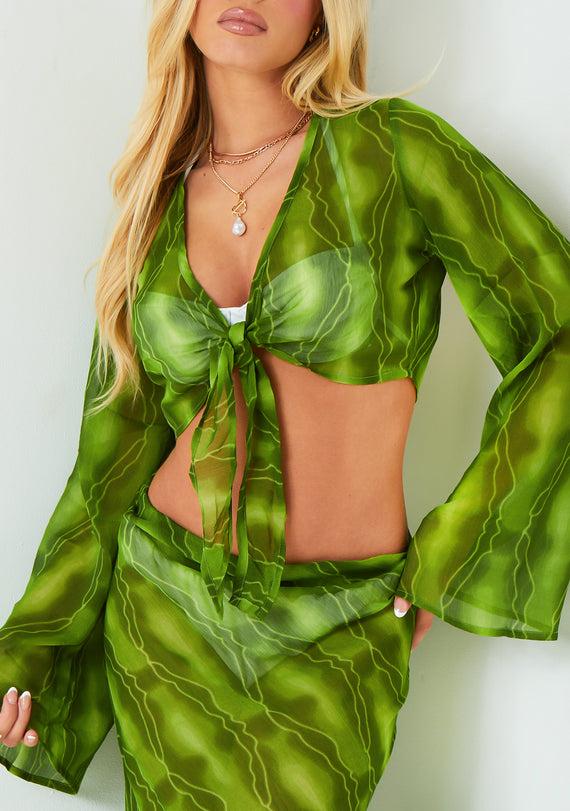 Missyempire Ayla Green Wide Sleeve Tie Front Top