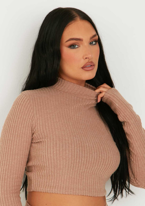 Missyempire Billie Brown Rib High Neck Crop Top