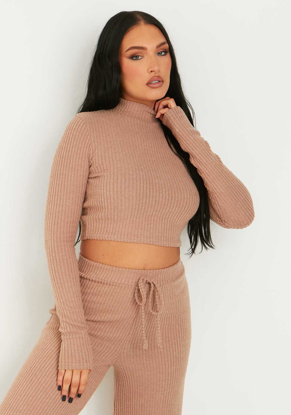 missyempire Billie Brown Rib High Neck Crop Top