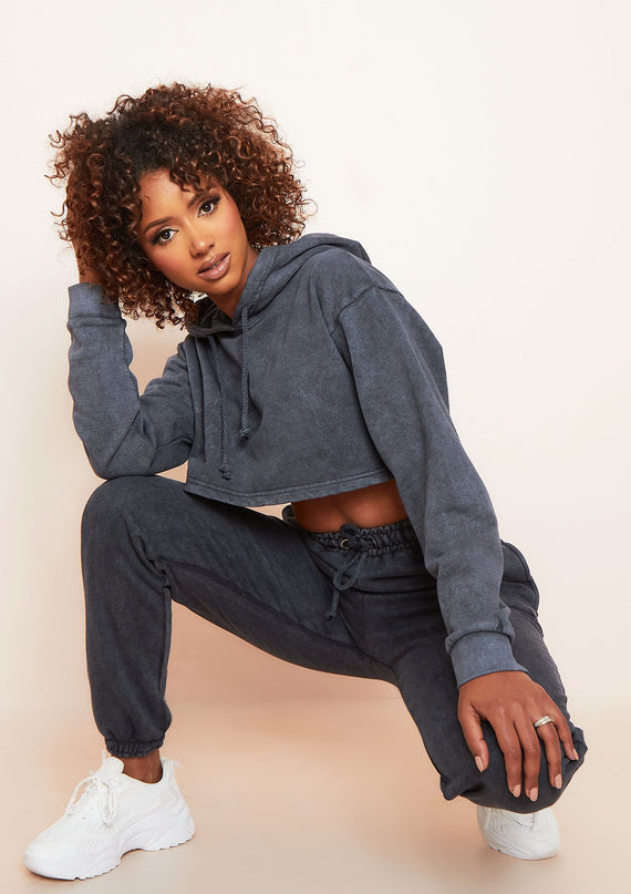 missyempire Brianne Charcoal Washed Cropped Hoodie