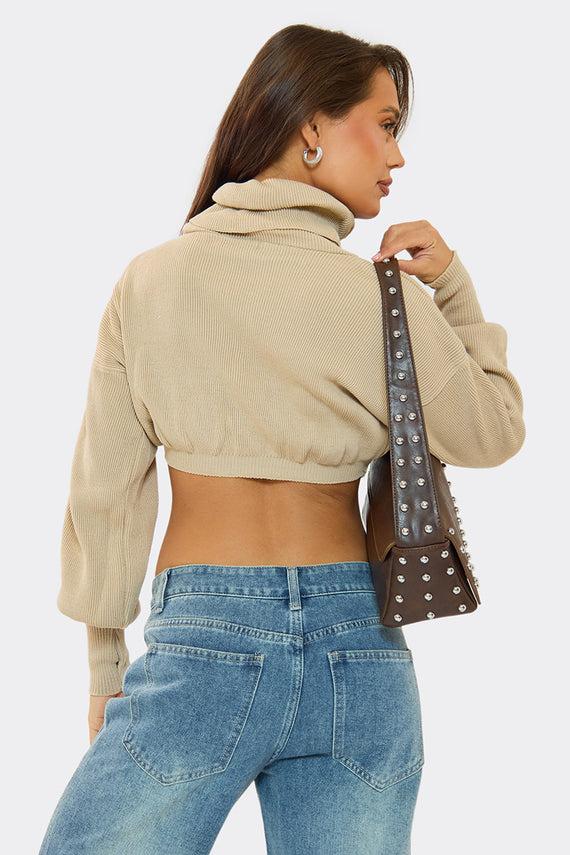 Missyempire Brylee Beige Cropped Knitted Jumper