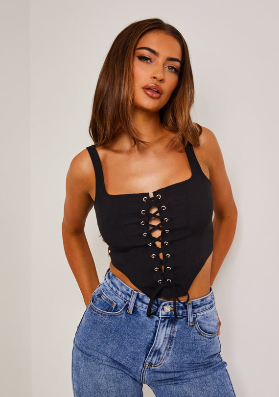 missyempire Carlee Black Lace Up Corset Top