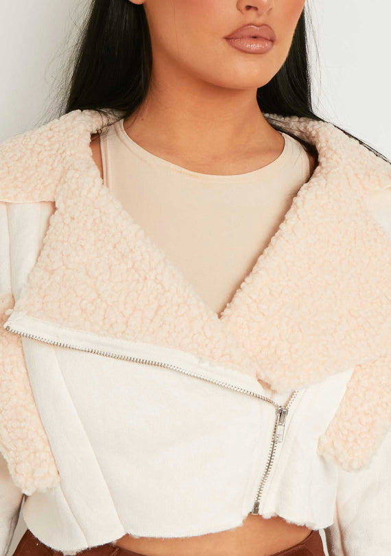 Missyempire Cindy Cream Cropped Zipped Borg Coat