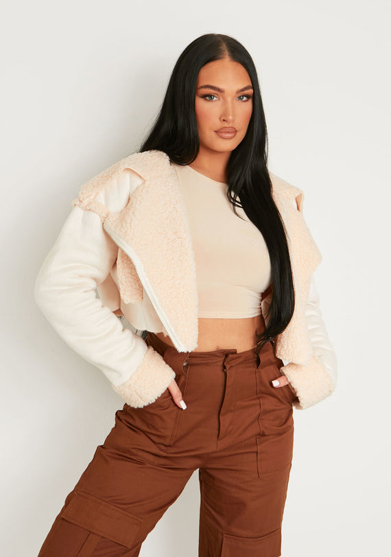 missyempire Cindy Cream Cropped Zipped Borg Coat