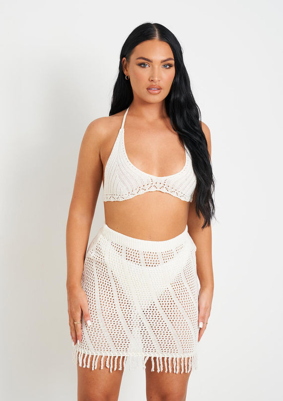 Missyempire Clara White Knitted Crochet Bralet