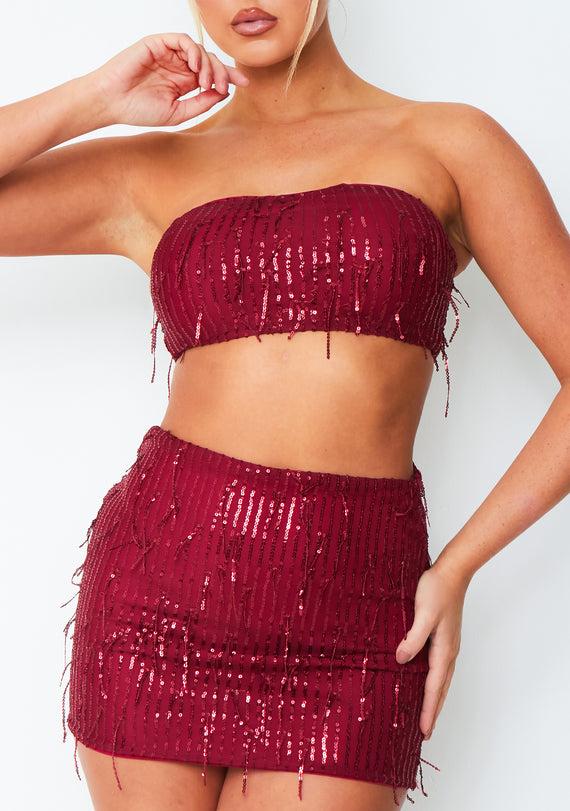 Missyempire Cleo Wine Tassel Sequin Mini Skirt