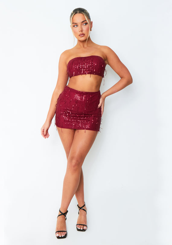 missyempire Cleo Wine Tassel Sequin Mini Skirt
