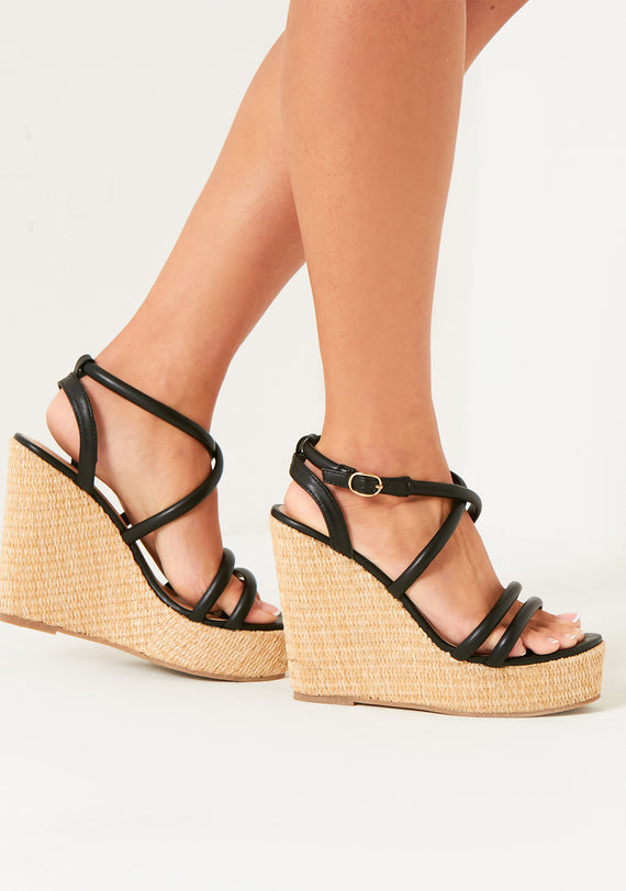 Missyempire Codie Black Leather Strap Wedges