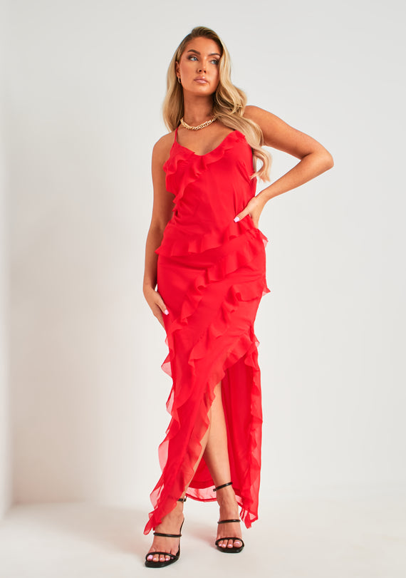 missyempire Cora Red Strappy Frill Maxi Dress