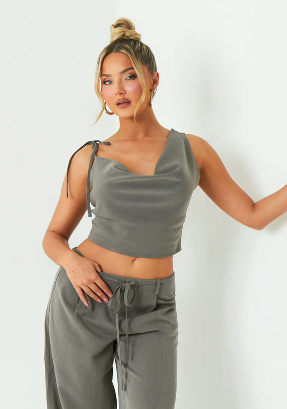 missyempire Ellen Grey Asymmetric Cowl Neck Top