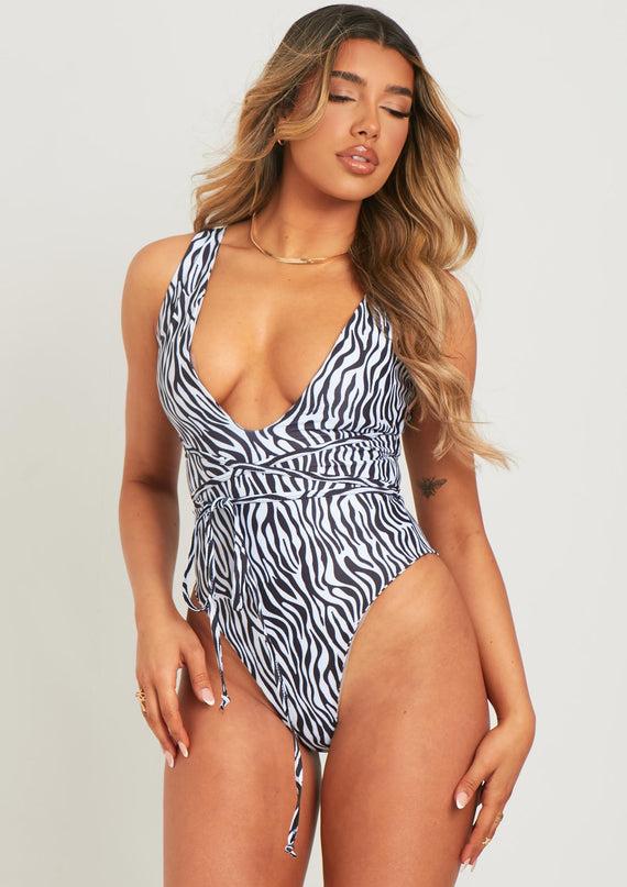 Missyempire Elsie Zebra Print Plunge Swimsuit