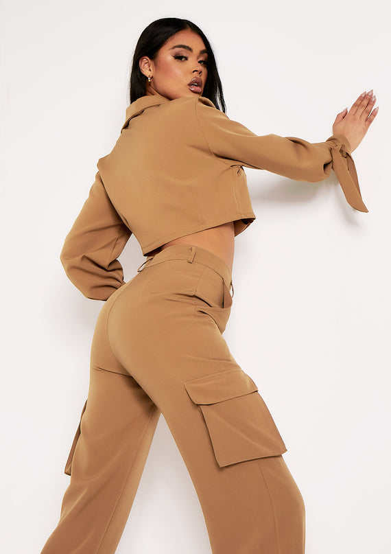 Missyempire Emma Camel Tie Detail Cropped Blazer