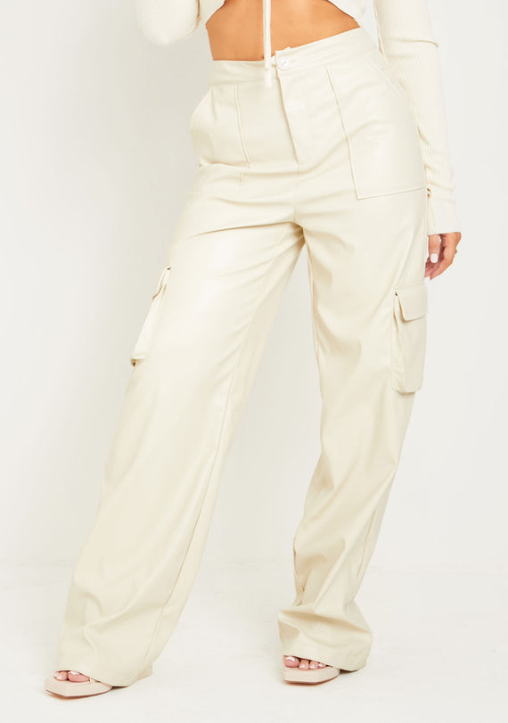Missyempire Enya Cream PU Wide Leg Cargos