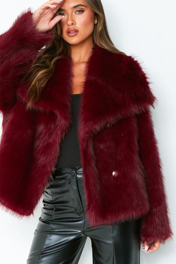 Missyempire Freya Wine Oversized Faux Fur Coat