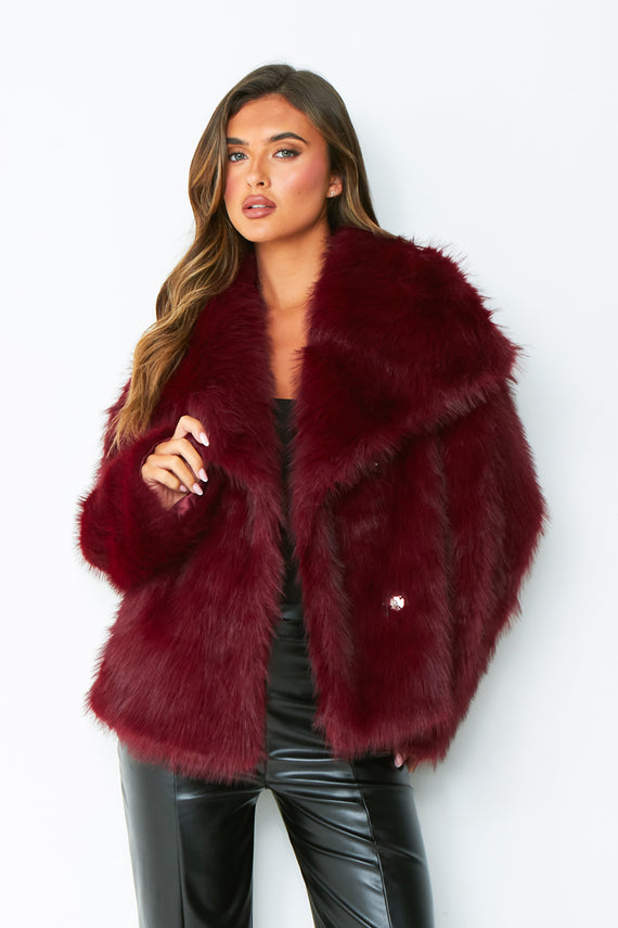 missyempire Freya Wine Oversized Faux Fur Coat