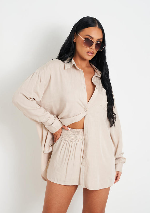 missyempire Giana Beige Linen Oversized Shirt