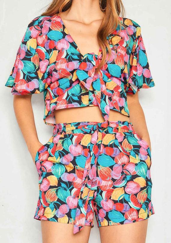 missyempire Glenda Black Fruit Print Tie Crop Top
