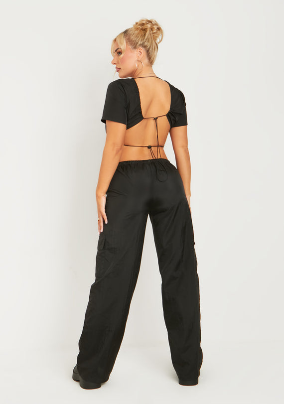 Missyempire Grace Black Parachute Cargo Trousers