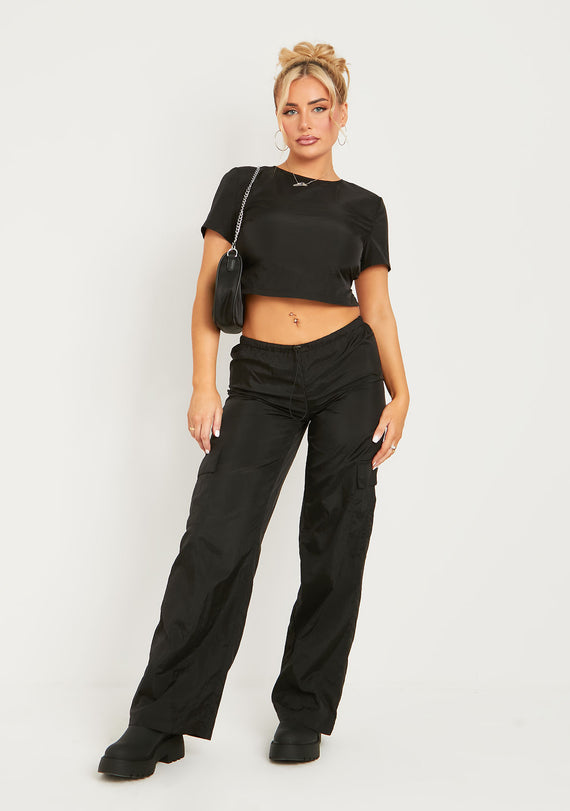 missyempire Grace Black Parachute Cargo Trousers