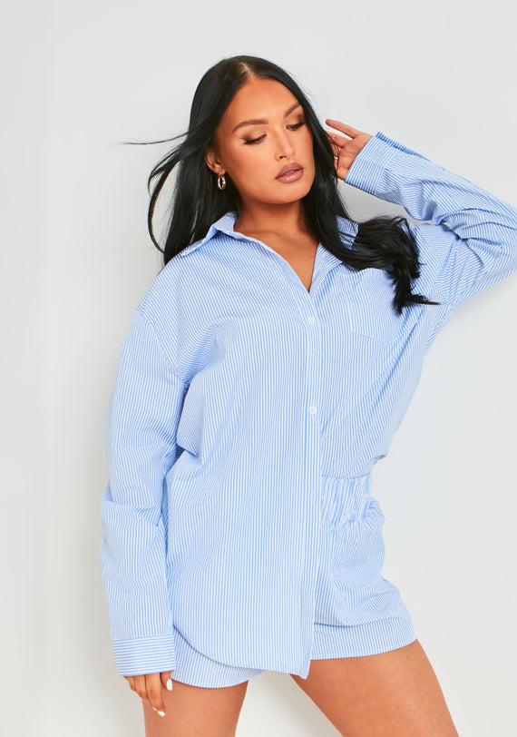 Missyempire Hallie Blue Pinstripe Oversized Shirt