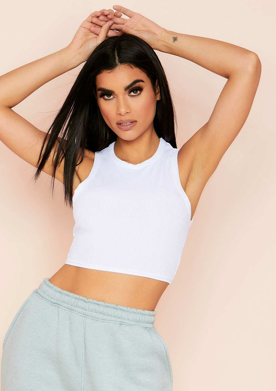 Missyempire Holly White Ribbed Racer Crop Top
