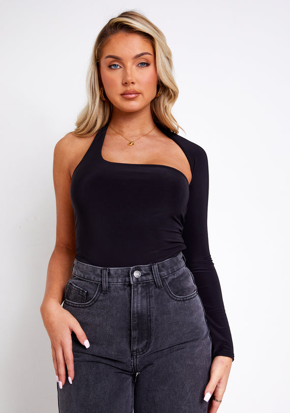 Missyempire Isla Black One Sleeve Slinky Bodysuit