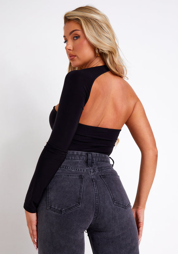 Missyempire Isla Black One Sleeve Slinky Bodysuit