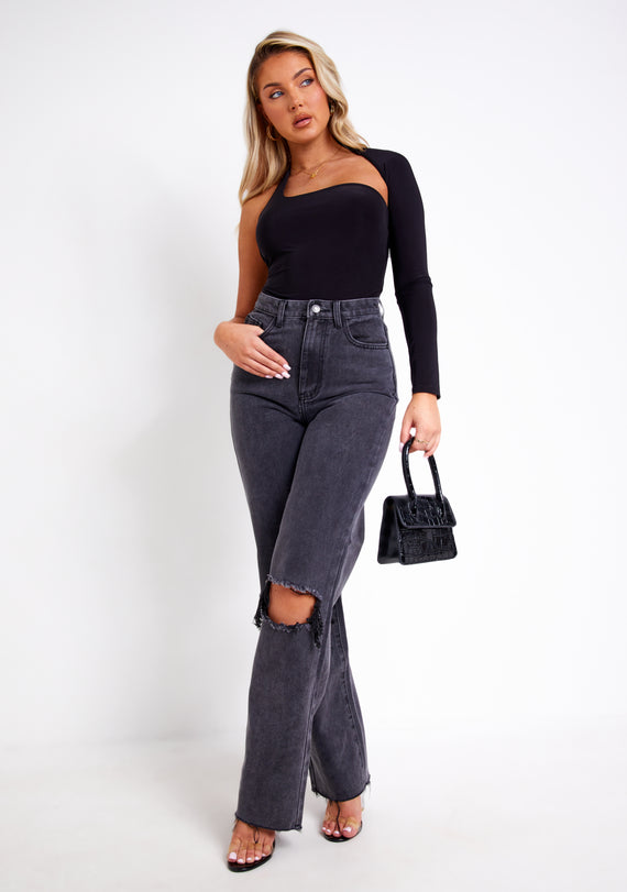 missyempire Isla Black One Sleeve Slinky Bodysuit