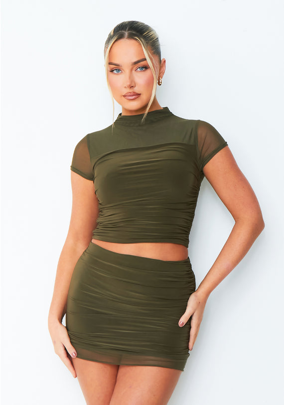 missyempire Jasmine Khaki Mesh Cap Sleeve Top