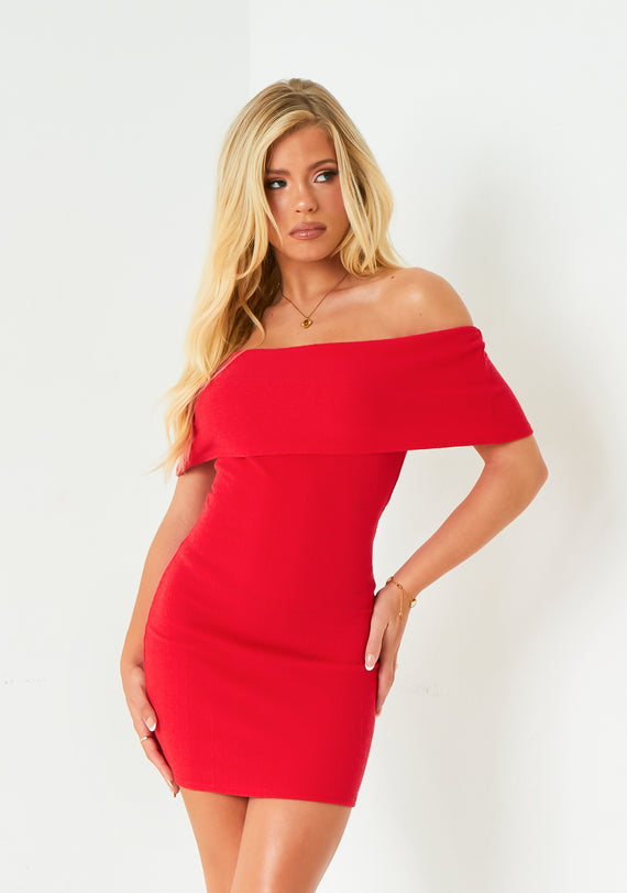Missyempire Joanna Red Textured Bardot Mini Dress