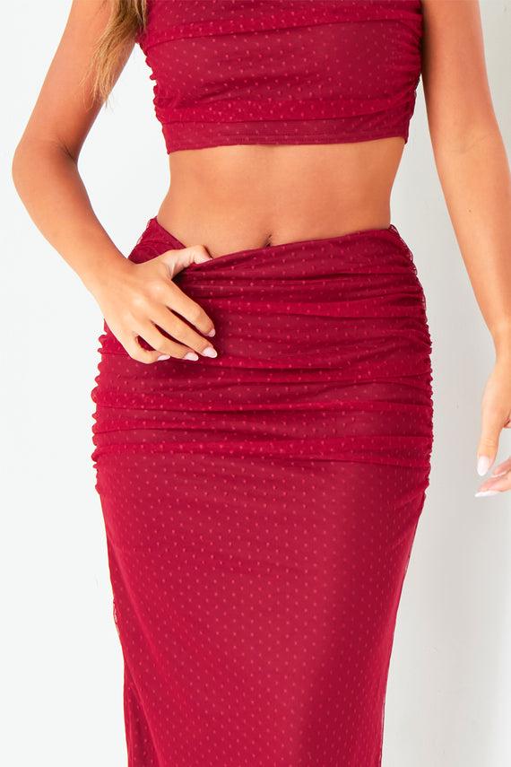 Missyempire Kaia Wine Spot Mesh Maxi Skirt