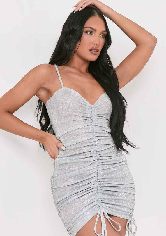 missyempire Kalia Silver Glitter Ruched Mini Dress