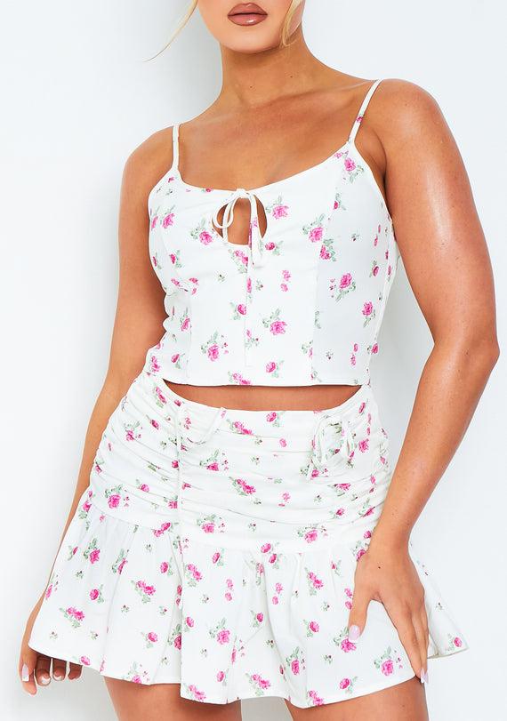 Missyempire Kate White Floral Pleated Mini Skirt