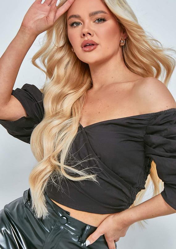 Missyempire Kathy Black Wrap Front Puff Sleeve Top