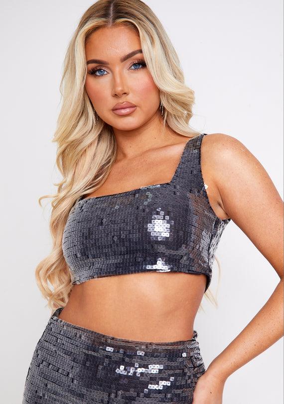 Missyempire Kendra Black Square Sequin Crop Top