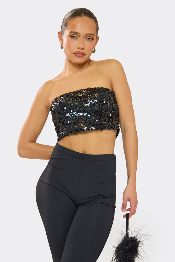 missyempire Kylie Black Disc Sequin Crop Top