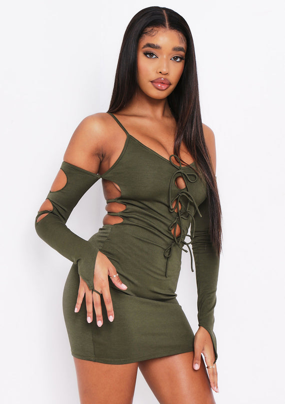 missyempire Lalie Khaki Cut Out Tie Mini Dress