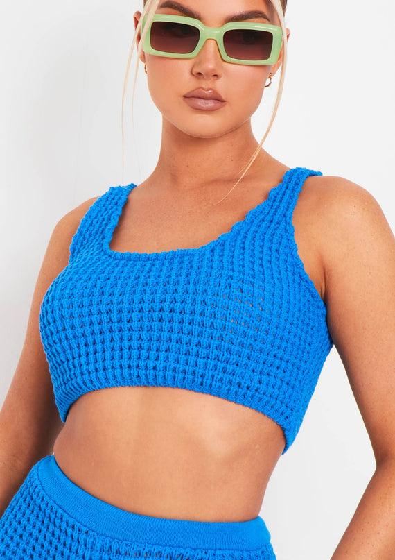 missyempire Laurel Blue Crochet Knit Crop Top