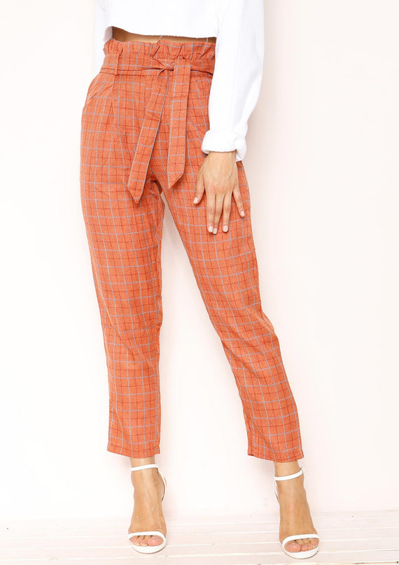 Missyempire Lesley Rust Checked Paperbag Trousers