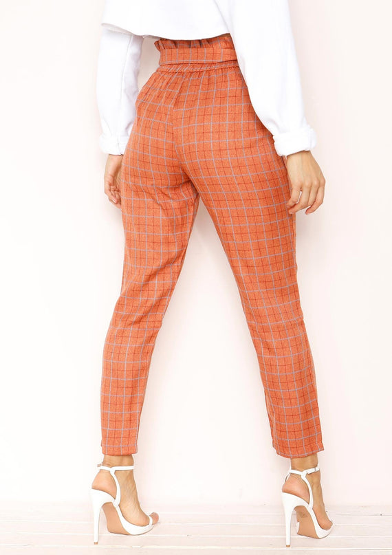 Missyempire Lesley Rust Checked Paperbag Trousers