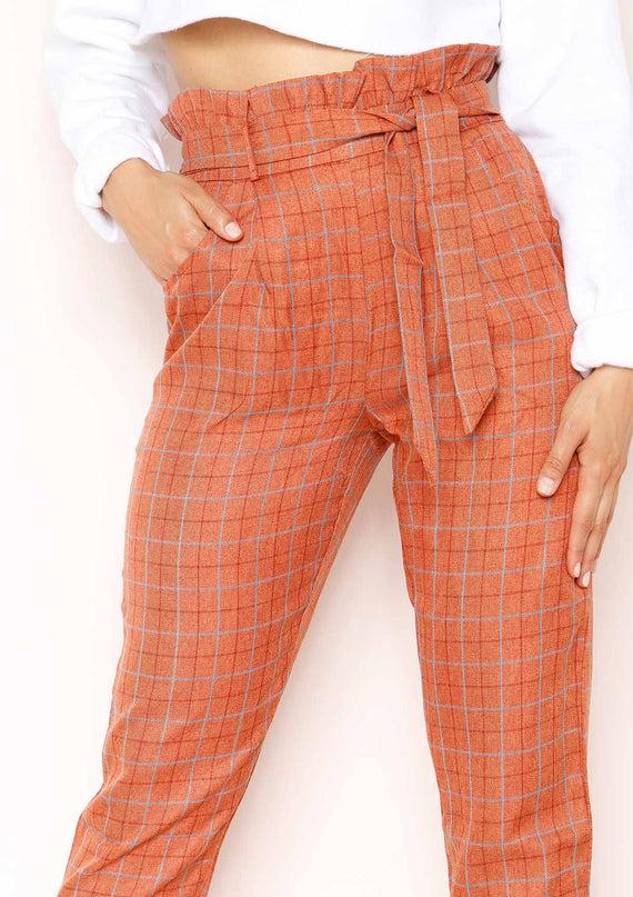 Missyempire Lesley Rust Checked Paperbag Trousers