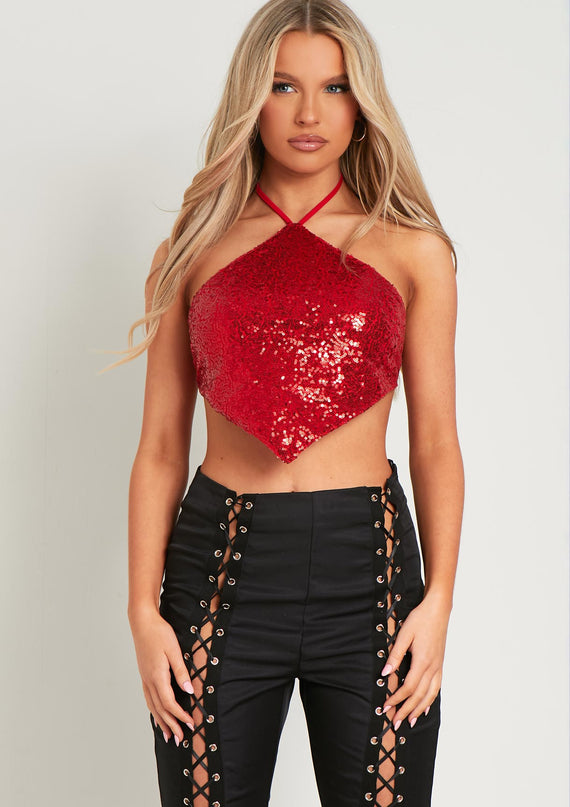 missyempire Luna Red Sequin Halter Neck Tie Top